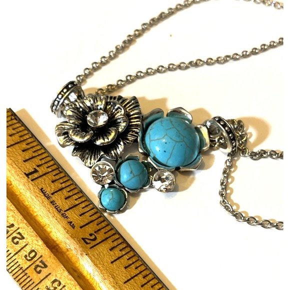 Silver Tone Western Rose Faux Turquoise Adjustable Statement Necklace Jewelry - Picture 9 of 11
